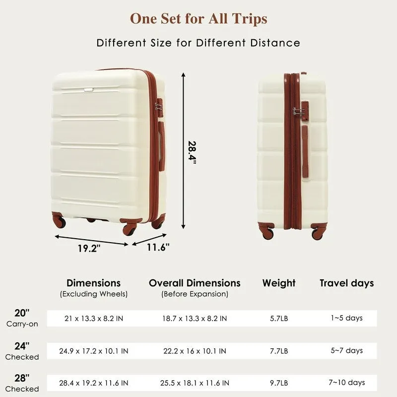 Luggage Set of 3, 20-inch with USB Port, Carry-on Trunk Sets with Cup Holder, Hard Shell Check-in Luggage with Spinner Wheels