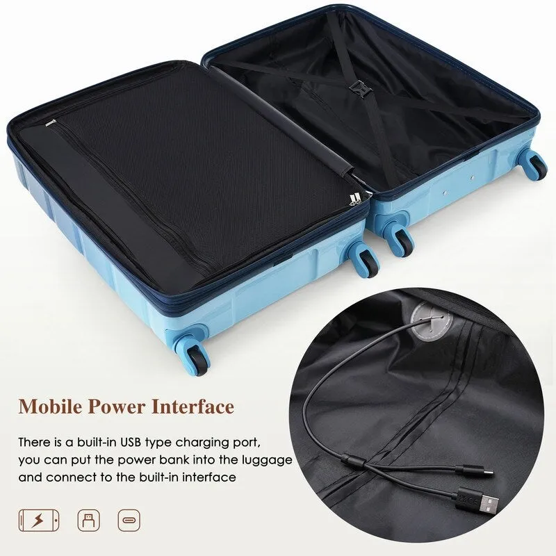 Luggage Set of 3, 20-inch with USB Port, Carry-on Trunk Sets with Cup Holder, Hard Shell Check-in Luggage with Spinner Wheels