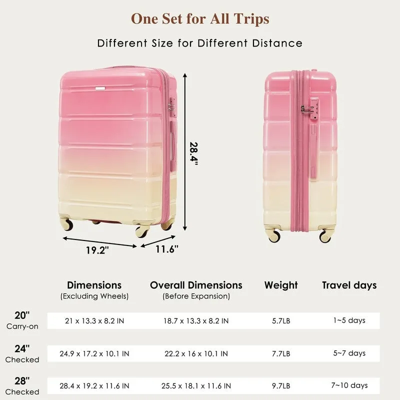 Luggage Set of 3, 20-inch with USB Port, Carry-on Trunk Sets with Cup Holder, Hard Shell Check-in Luggage with Spinner Wheels