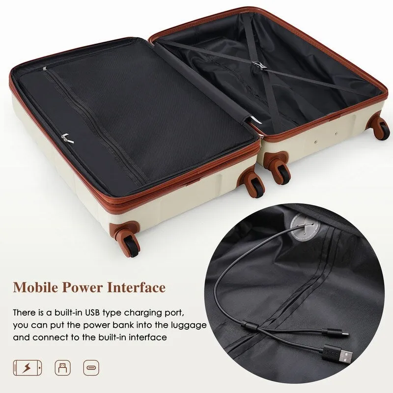 Luggage Set of 3, 20-inch with USB Port, Carry-on Trunk Sets with Cup Holder, Hard Shell Check-in Luggage with Spinner Wheels