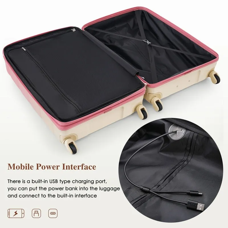Luggage Set of 3, 20-inch with USB Port, Carry-on Trunk Sets with Cup Holder, Hard Shell Check-in Luggage with Spinner Wheels