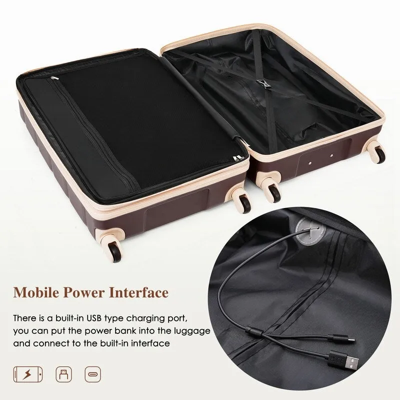 Luggage Set of 3, 20-inch with USB Port, Carry-on Trunk Sets with Cup Holder, Hard Shell Check-in Luggage with Spinner Wheels