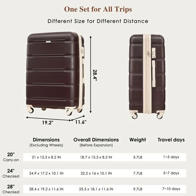 Luggage Set of 3, 20-inch with USB Port, Carry-on Trunk Sets with Cup Holder, Hard Shell Check-in Luggage with Spinner Wheels