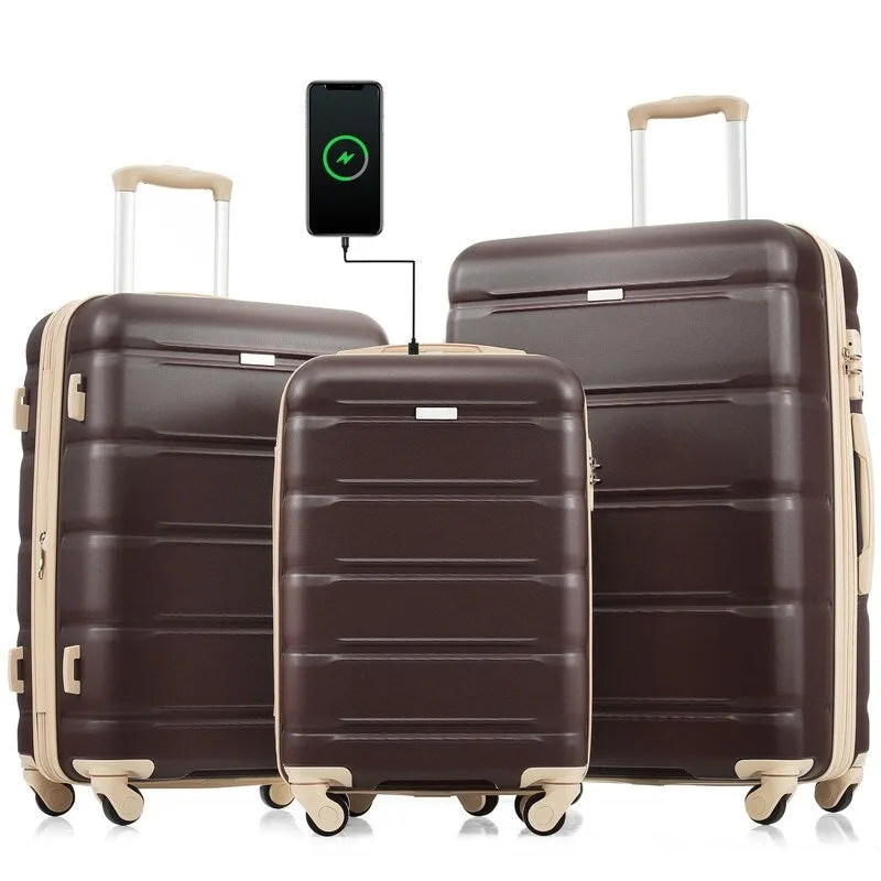 Luggage Set of 3, 20-inch with USB Port, Carry-on Trunk Sets with Cup Holder, Hard Shell Check-in Luggage with Spinner Wheels