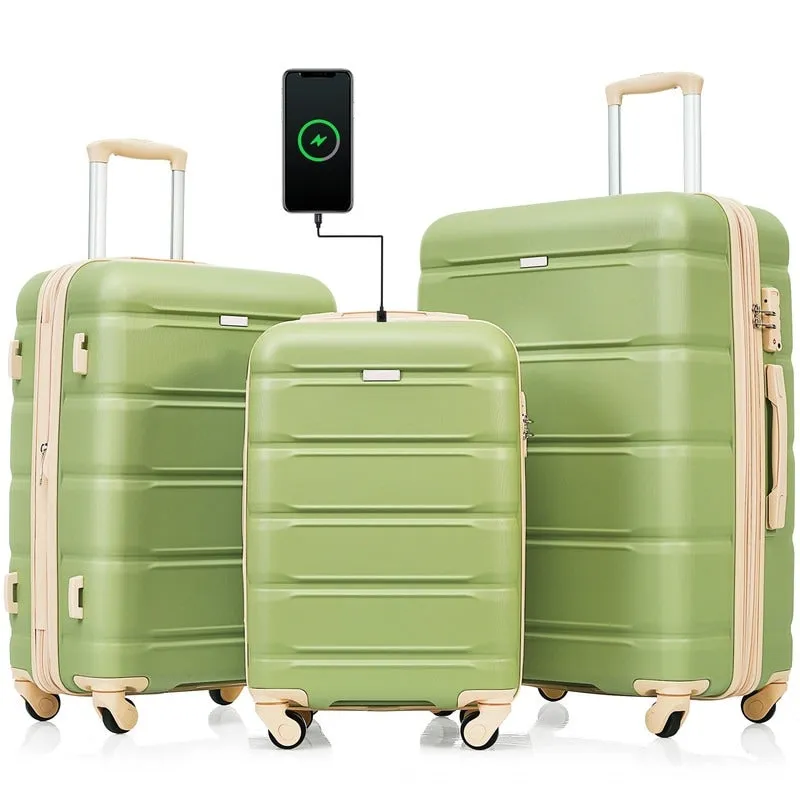 Luggage Set of 3, 20-inch with USB Port, Carry-on Trunk Sets with Cup Holder, Hard Shell Check-in Luggage with Spinner Wheels