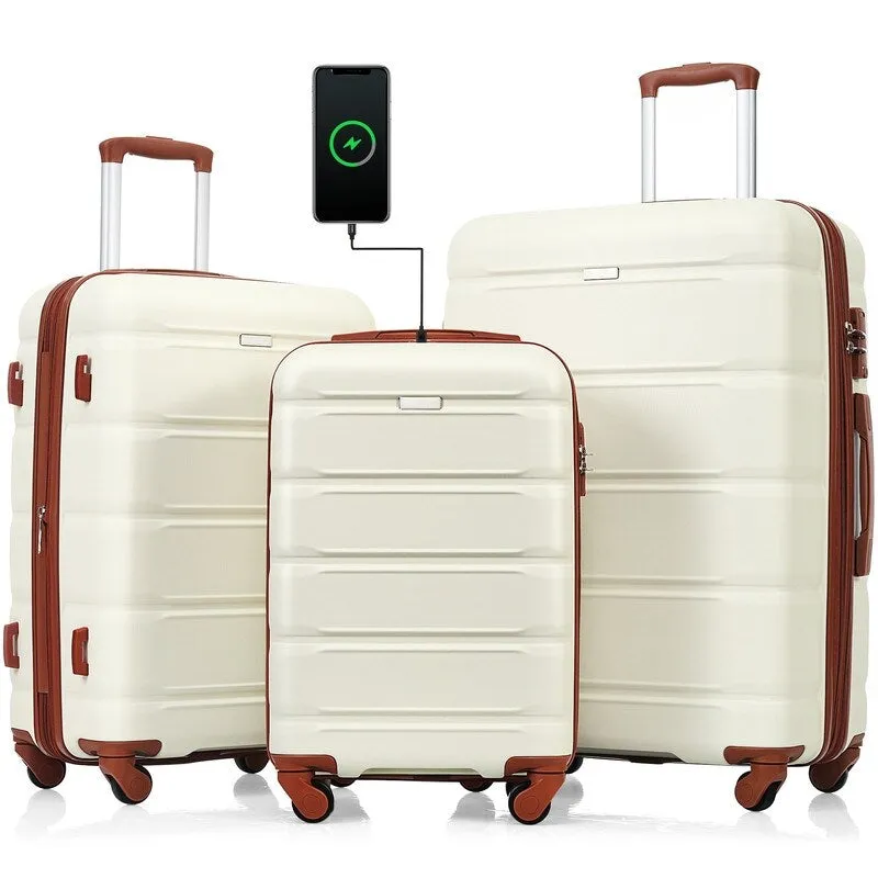 Luggage Set of 3, 20-inch with USB Port, Carry-on Trunk Sets with Cup Holder, Hard Shell Check-in Luggage with Spinner Wheels