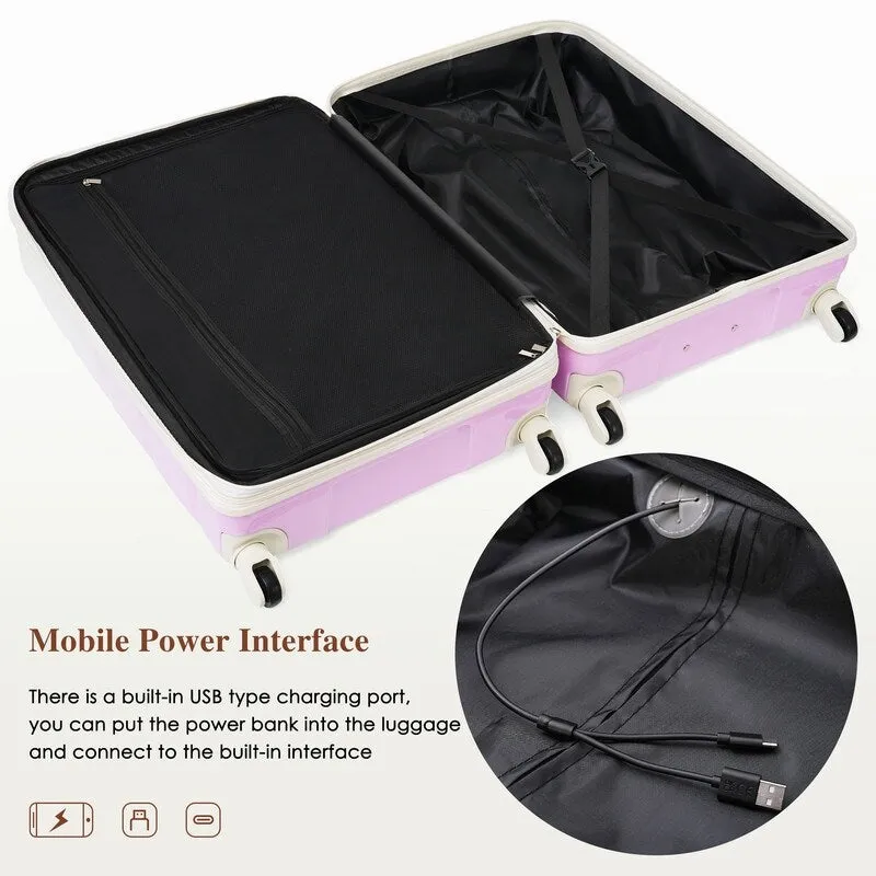 Luggage Set of 3, 20-inch with USB Port, Carry-on Trunk Sets with Cup Holder, Hard Shell Check-in Luggage with Spinner Wheels