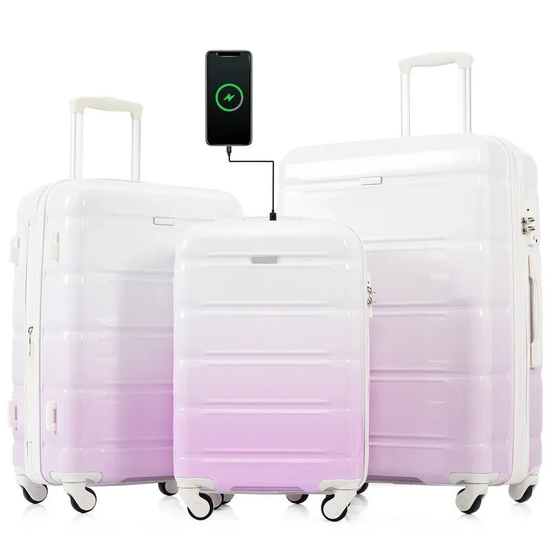 Luggage Set of 3, 20-inch with USB Port, Carry-on Trunk Sets with Cup Holder, Hard Shell Check-in Luggage with Spinner Wheels
