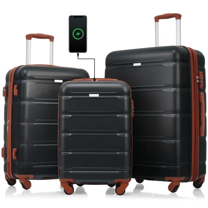 Luggage Set of 3, 20-inch with USB Port, Carry-on Trunk Sets with Cup Holder, Hard Shell Check-in Luggage with Spinner Wheels