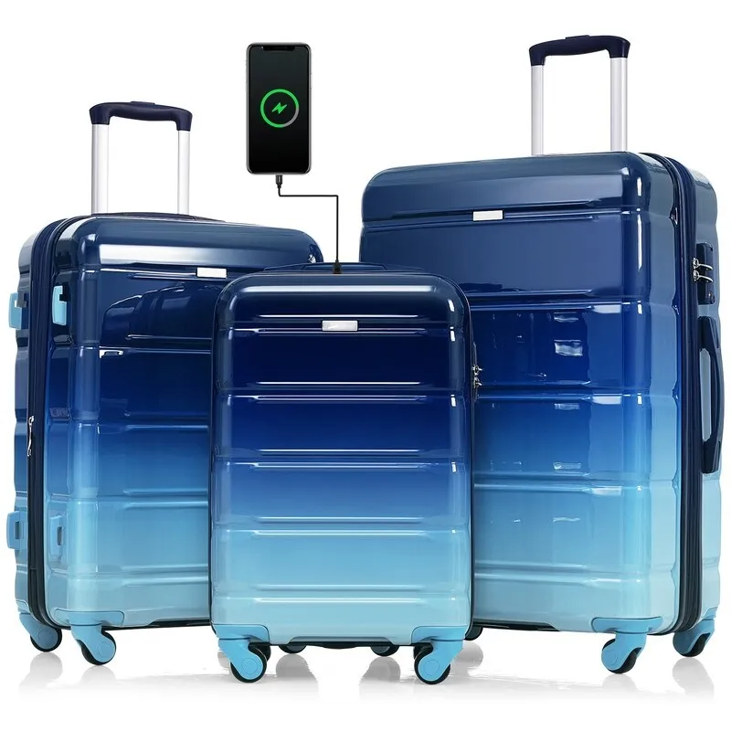 Luggage Set of 3, 20-inch with USB Port, Carry-on Trunk Sets with Cup Holder, Hard Shell Check-in Luggage with Spinner Wheels