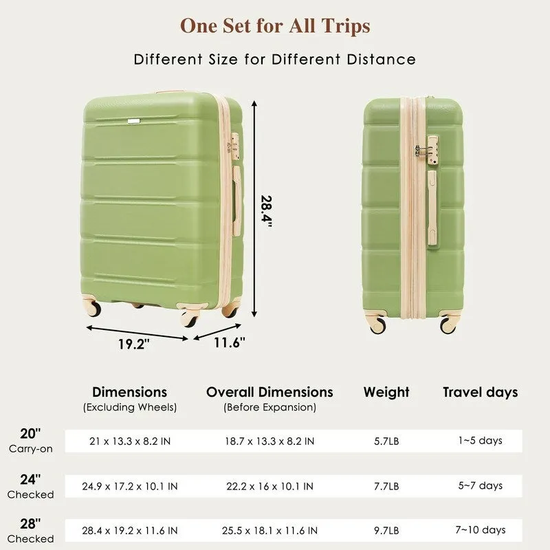 Luggage Set of 3, 20-inch with USB Port, Carry-on Trunk Sets with Cup Holder, Hard Shell Check-in Luggage with Spinner Wheels