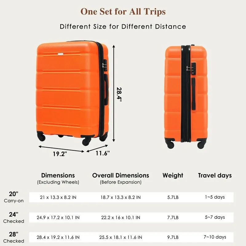 Luggage Set of 3, 20-inch with USB Port, Carry-on Trunk Sets with Cup Holder, Hard Shell Check-in Luggage with Spinner Wheels