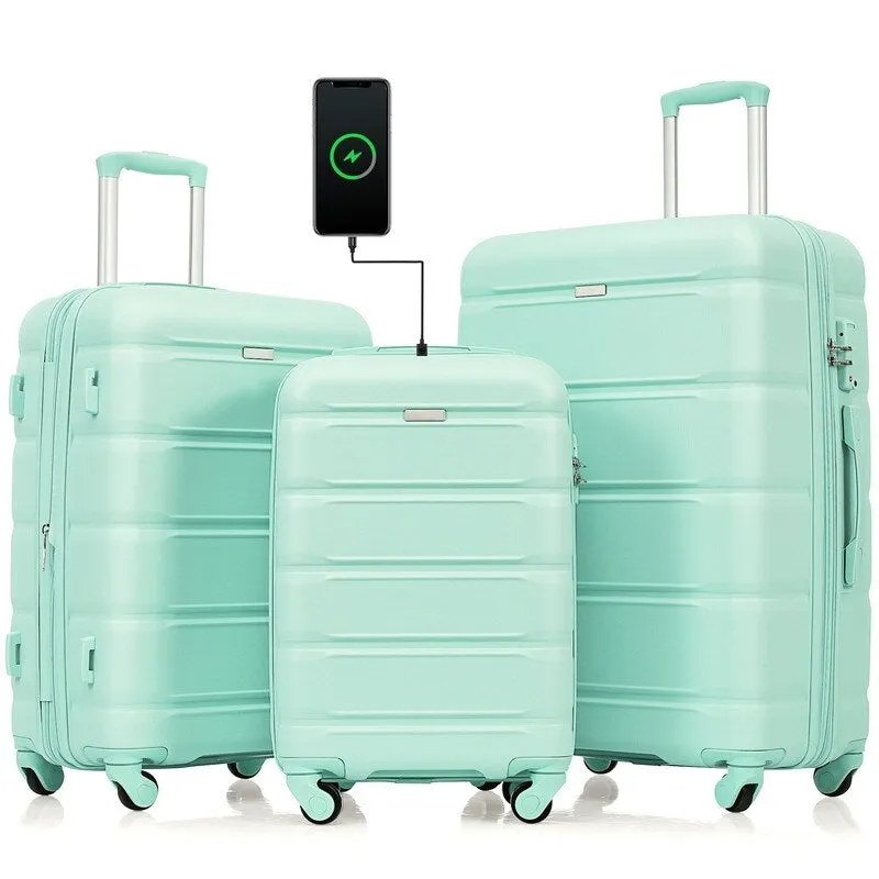 Luggage Set of 3, 20-inch with USB Port, Carry-on Trunk Sets with Cup Holder, Hard Shell Check-in Luggage with Spinner Wheels