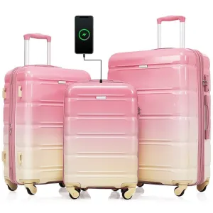 Luggage Set of 3, 20-inch with USB Port, Carry-on Trunk Sets with Cup Holder, Hard Shell Check-in Luggage with Spinner Wheels