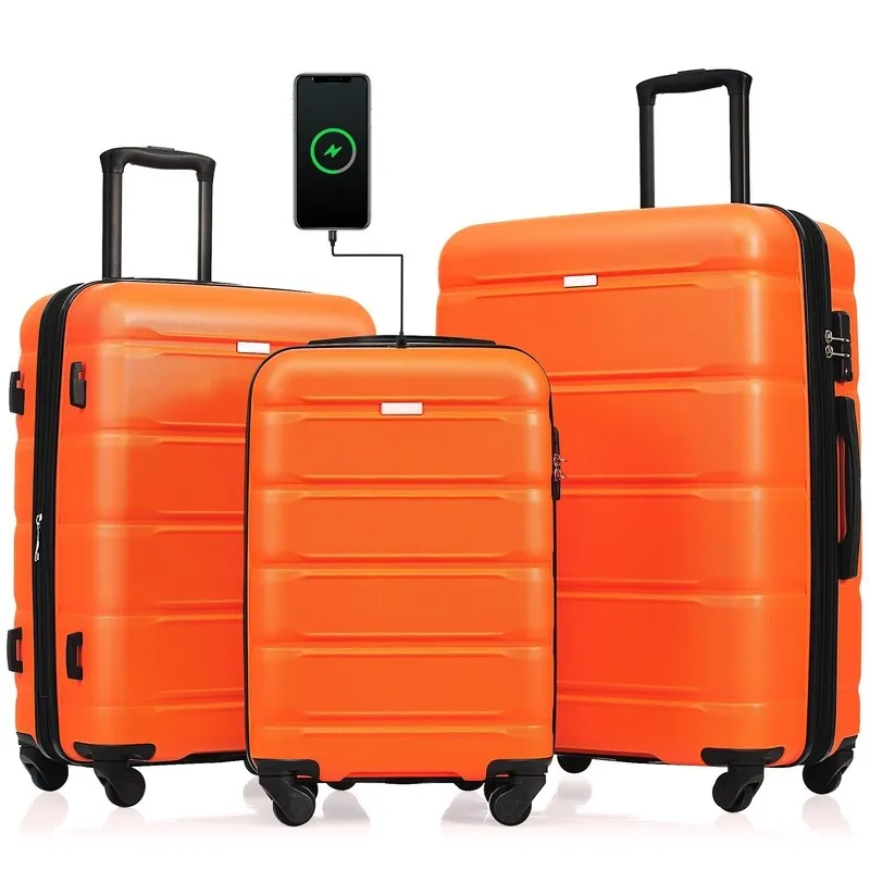 Luggage Set of 3, 20-inch with USB Port, Carry-on Trunk Sets with Cup Holder, Hard Shell Check-in Luggage with Spinner Wheels