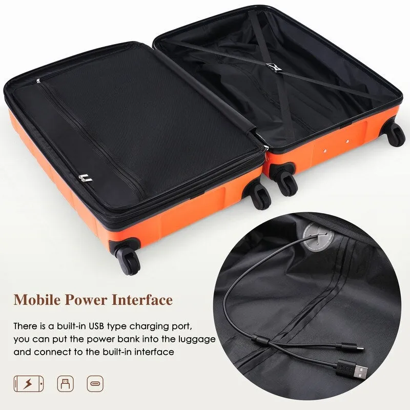 Luggage Set of 3, 20-inch with USB Port, Carry-on Trunk Sets with Cup Holder, Hard Shell Check-in Luggage with Spinner Wheels